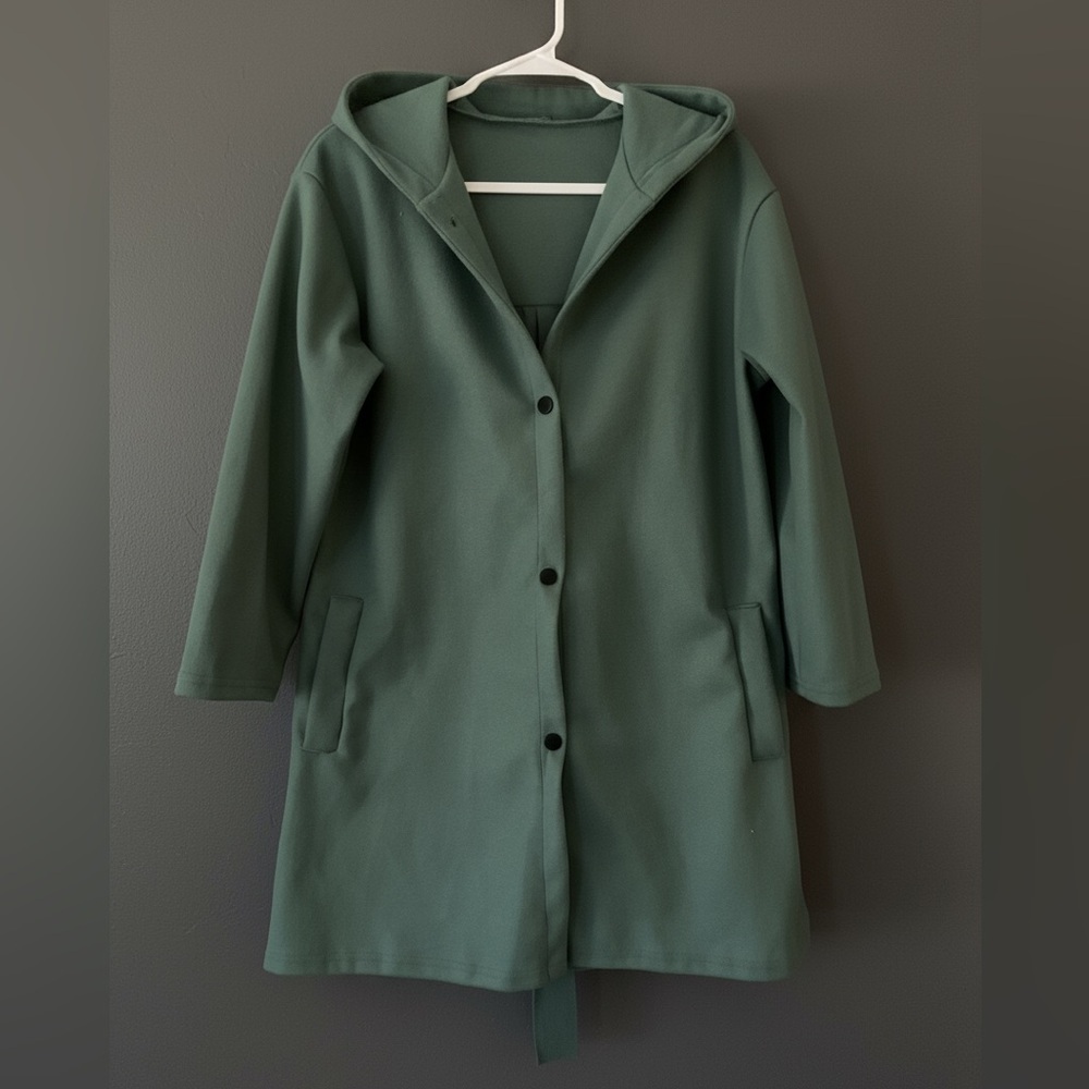 Women’s Hooded Coat M Sage Green Cotton Spandex Snaps Distinctive Details New - Picture 2 of 13